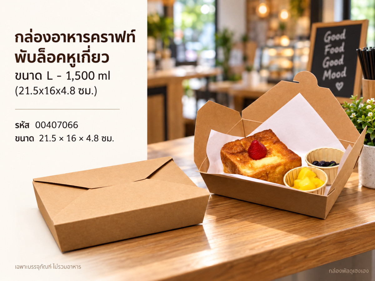 กล่องอาหารคราฟท์พับล็อคหูเกี่ยว ขนาด L - 1,500 ml (21.5x16x4.8 ซม.)