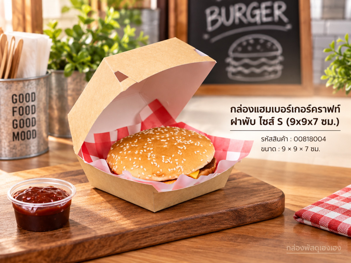 กล่องแฮมเบอร์เกอร์คราฟท์ ฝาพับ ไซส์ S (9x9x7 ซม.)