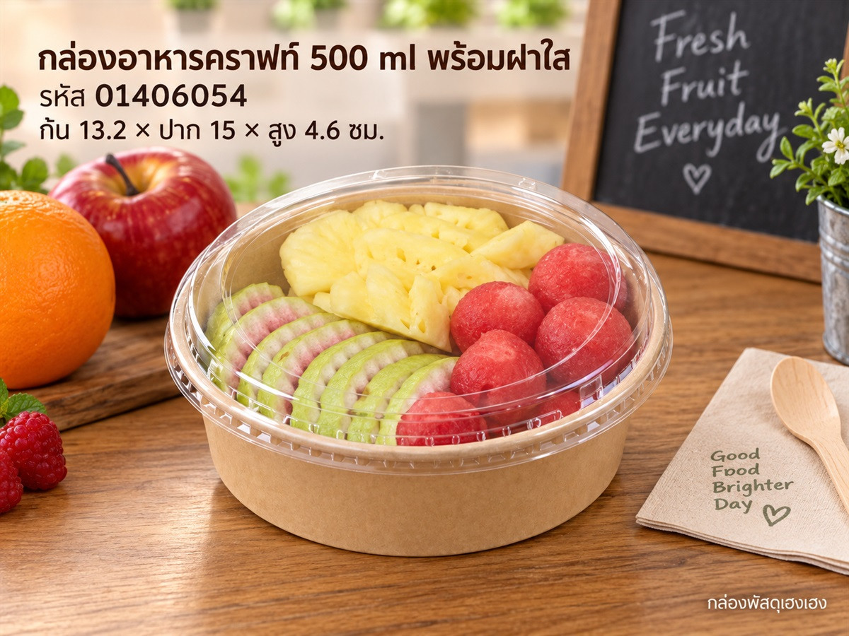 กล่องอาหารคราฟท์ 500 ml พร้อมฝา PET Anti-fog รุ่น Lite