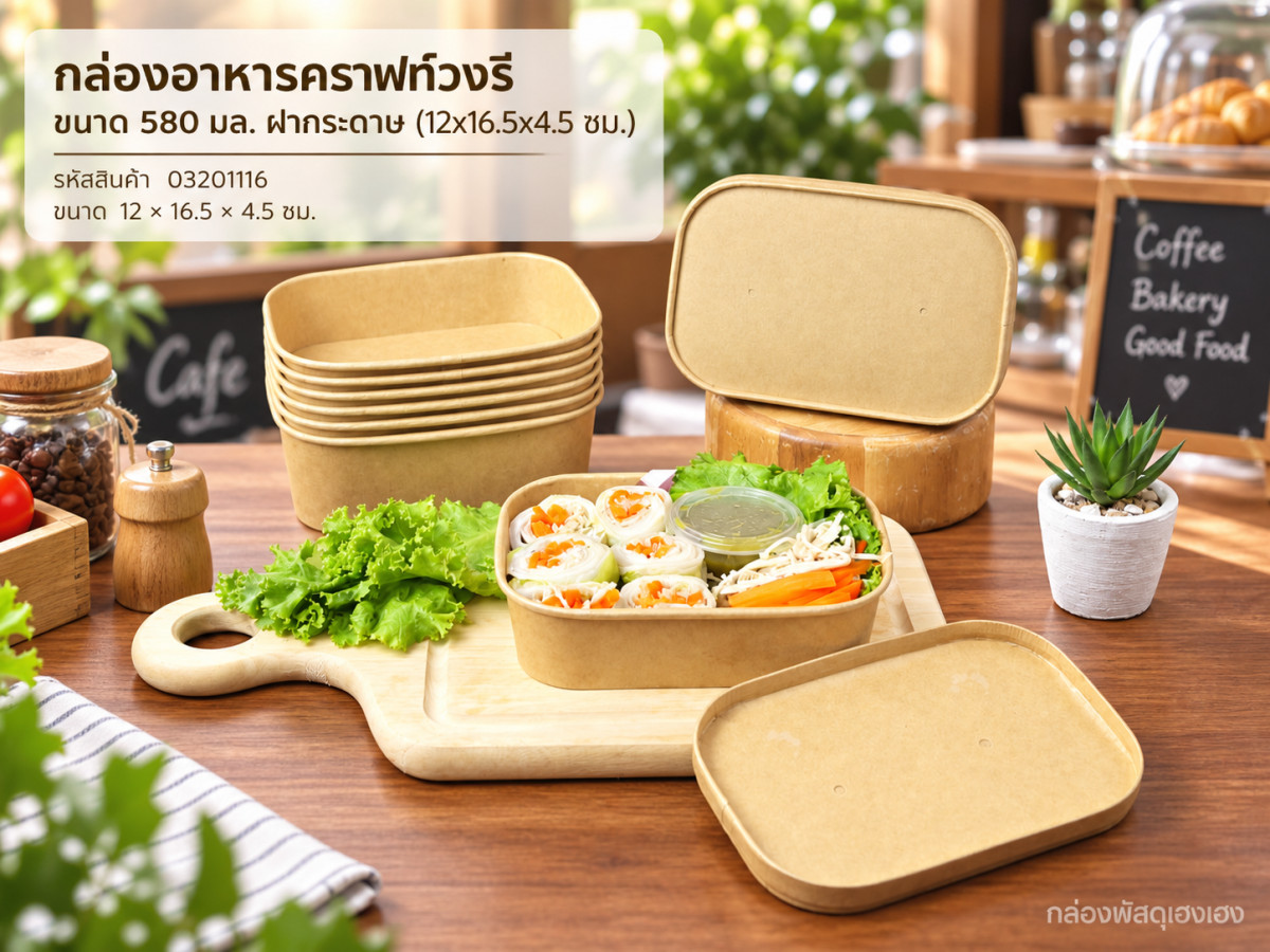 กล่องอาหารคราฟท์วงรี ขนาด 580 มล. ฝากระดาษ (12x16.5x4.5 ซม.)