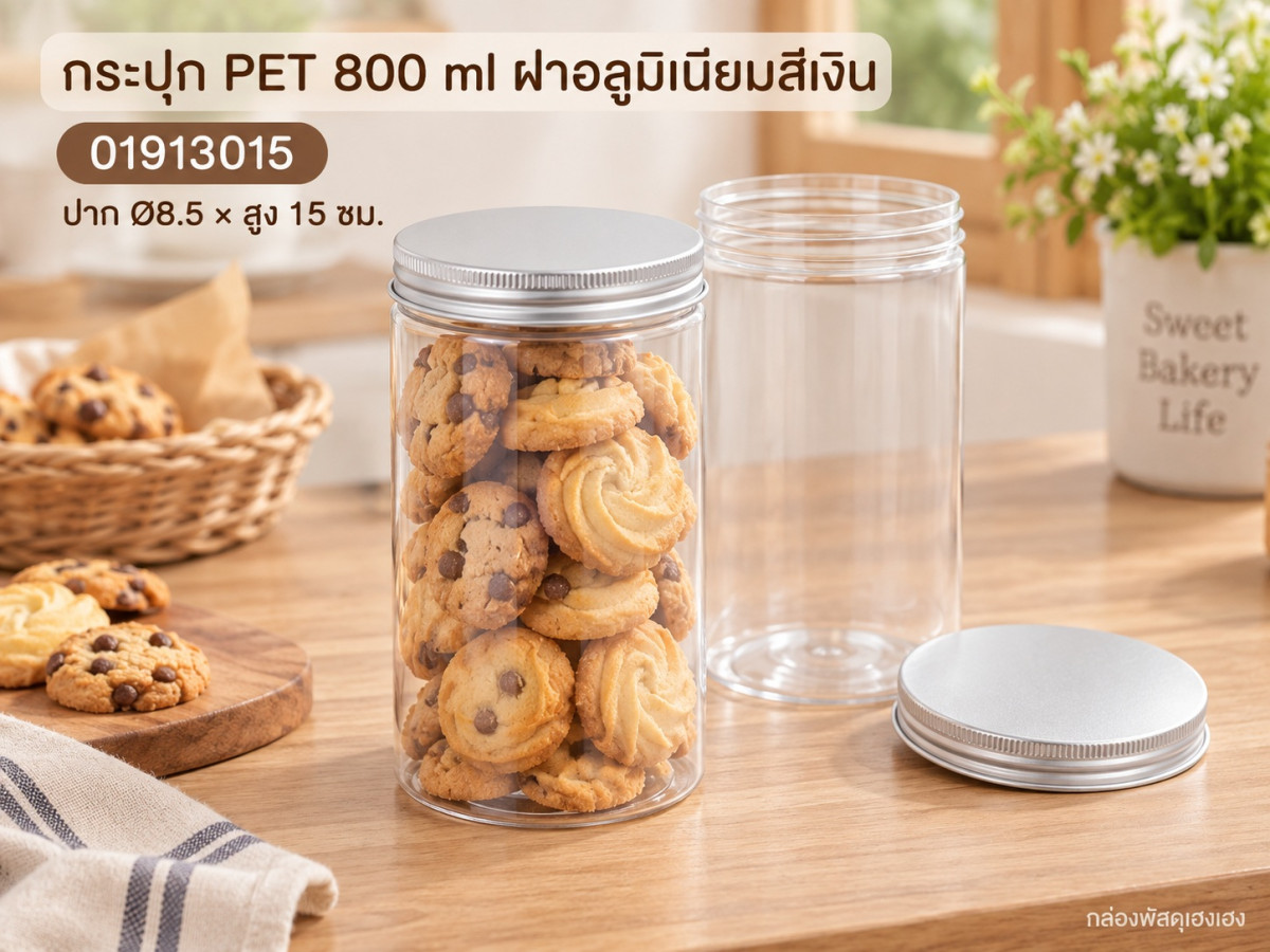 กระปุก PET 800 ml ฝาอลูมิเนียมสีเงิน 8.5x8.5x15 ซม.