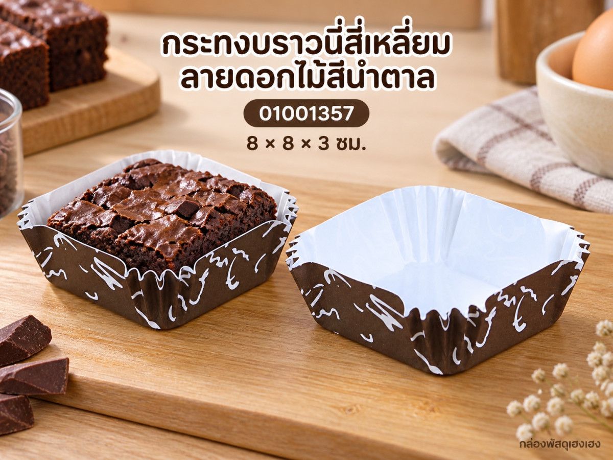 กระทงบราวนี่สี่เหลี่ยม ลายดอกไม้สีน้ำตาล 8x8x3 ซม.