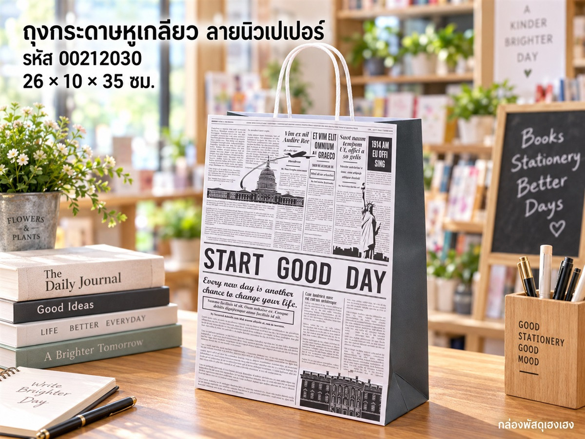 ถุงกระดาษหูเกลียว ลาย นิวเปเปอร์ 26x10x35 ซม.
