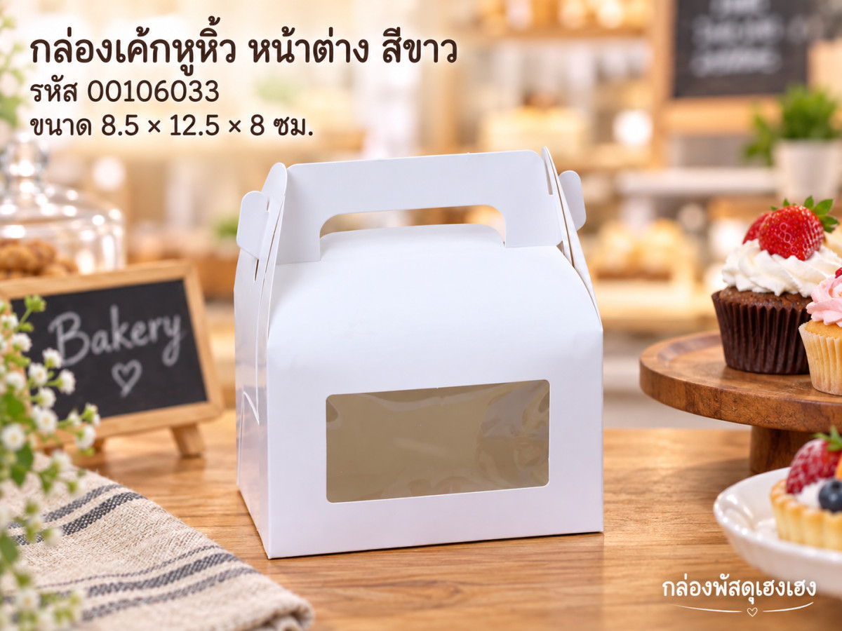 กล่องเค้กหูหิ้ว หน้าต่าง สีขาว 8.5x12.5x8 ซม.