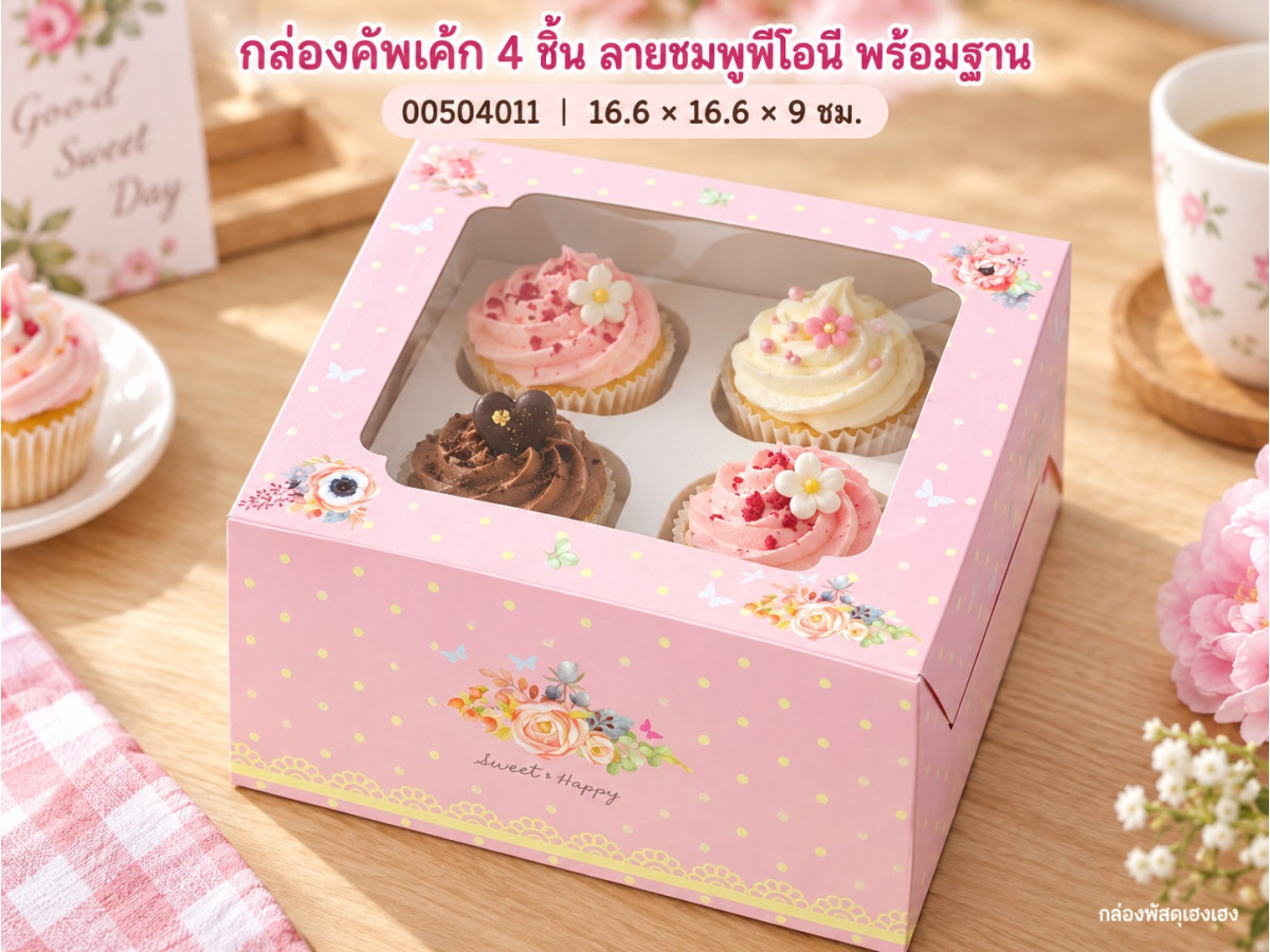 กล่องคัพเค้ก 4 ชิ้น ลายชมพูพีโอนี พร้อมฐาน 16.6x16.6x9 ซม.