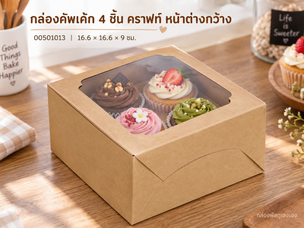 กล่องคัพเค้ก 4 ชิ้น หน้าต่างกว้าง คราฟท์ 16.6x16.6x9 ซม.
