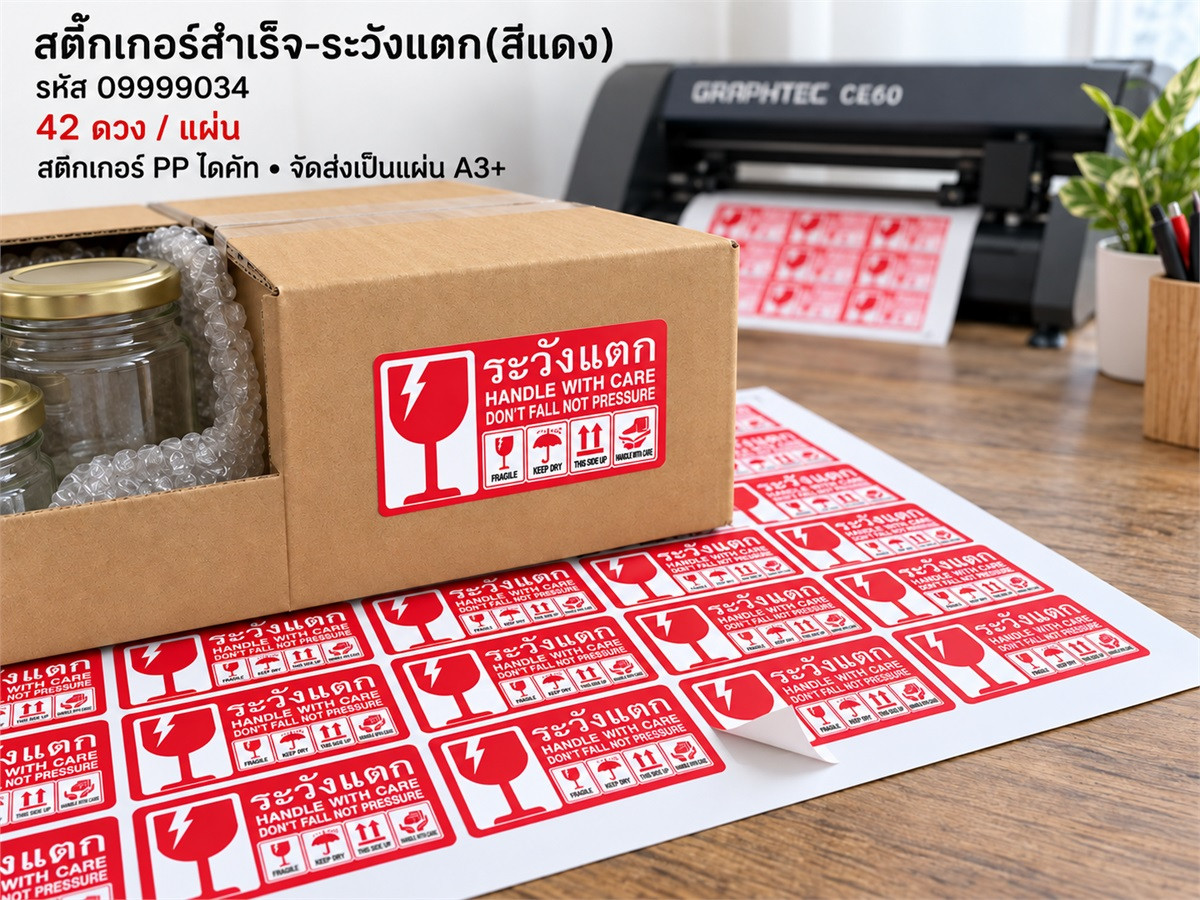 สติ๊กเกอร์สำเร็จ-ระวังแตก(สีแดง)
