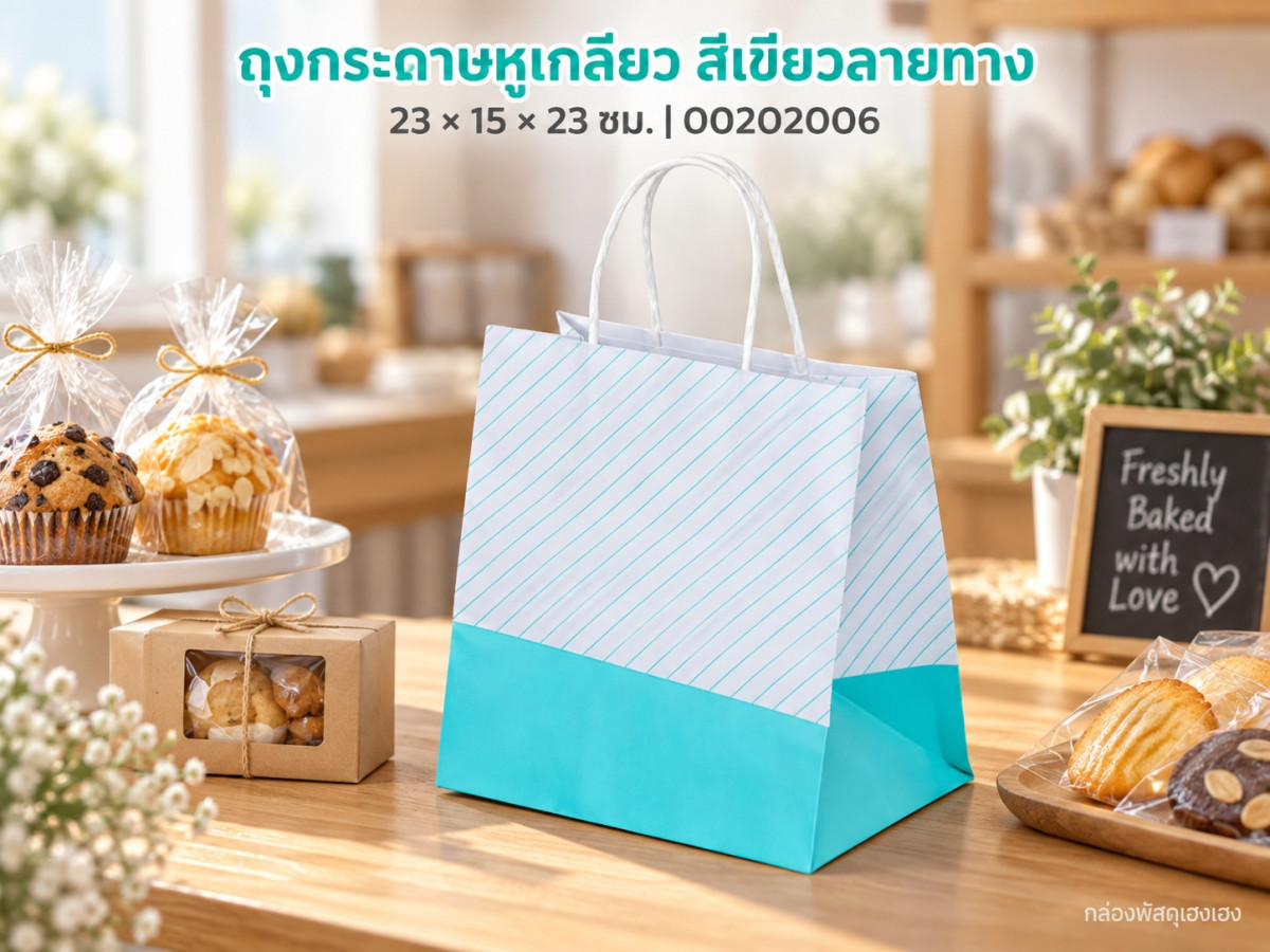 ถุงกระดาษหูเกลียว สีเขียวลายทาง 23x15x23 ซม.