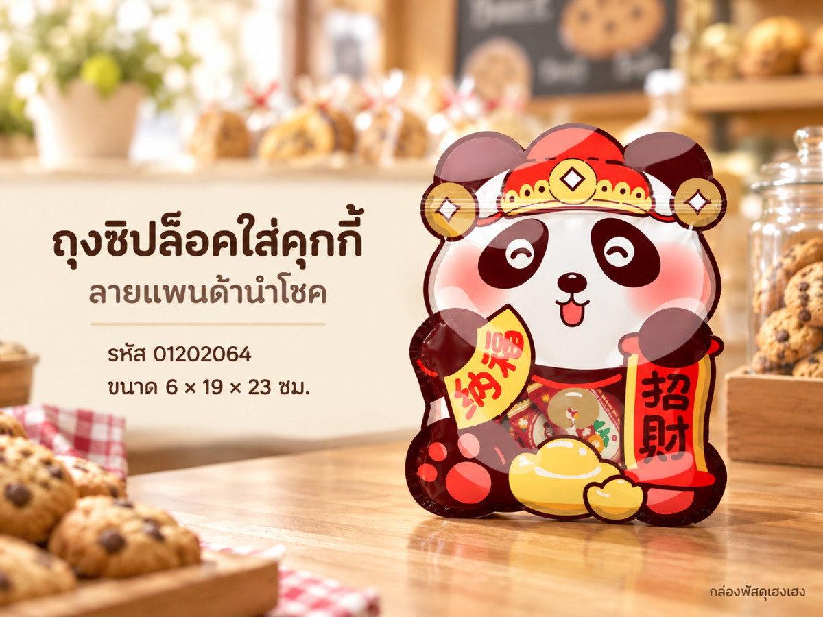 ถุงซิปล็อคใส่คุกกี้ ลาย แพนด้านำโชค 6x19x23 ซม.