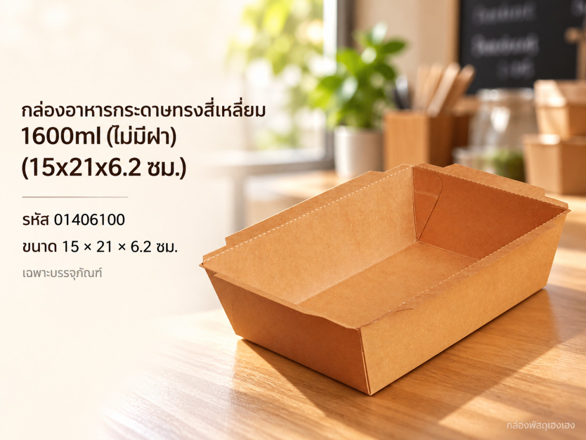 กล่องอาหารกระดาษทรงสี่เหลี่ยม 1600ml (ไม่มีฝา) (15x21x6.2 ซม.)