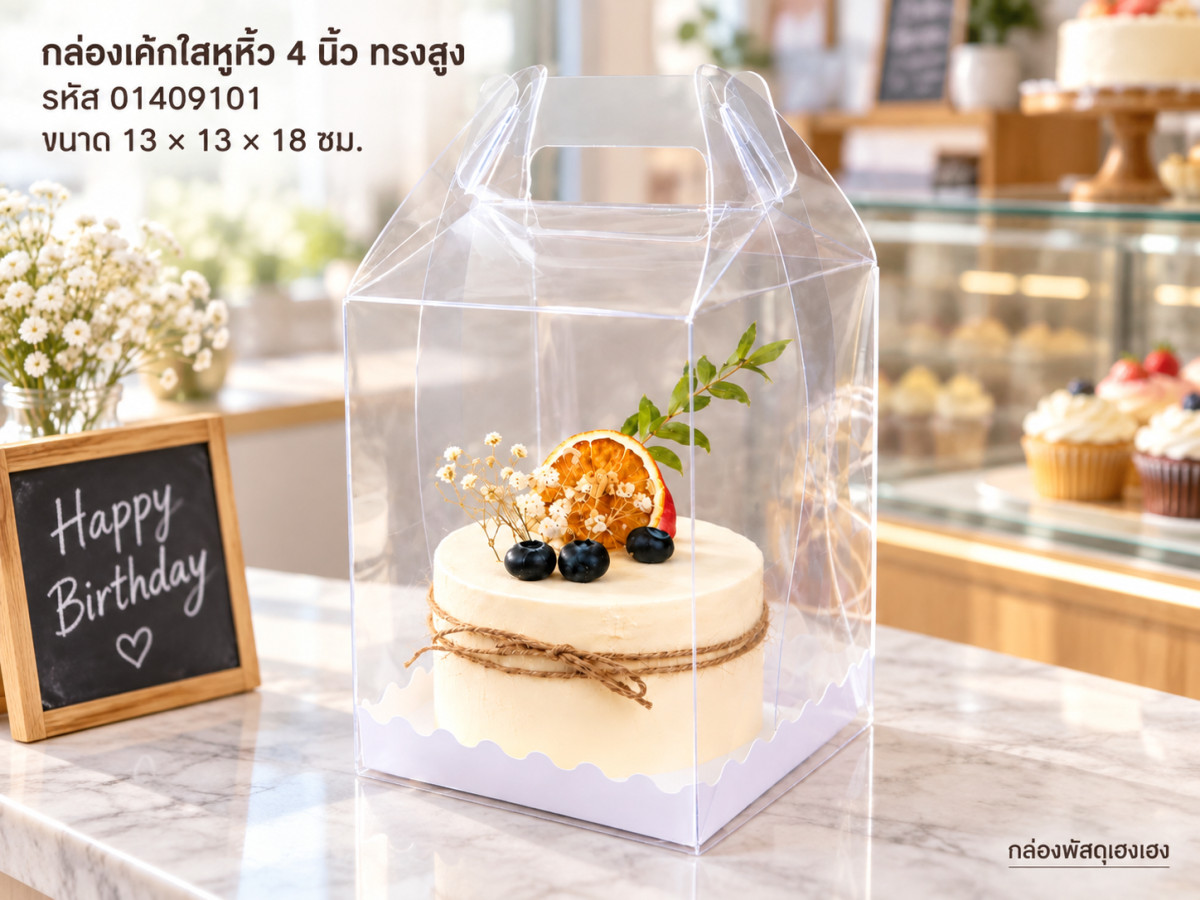 กล่องเค้กพลาสติกใสหูหิ้ว ทรงสูง ขนาด 4 นิ้ว (13x13x18 ซม.)