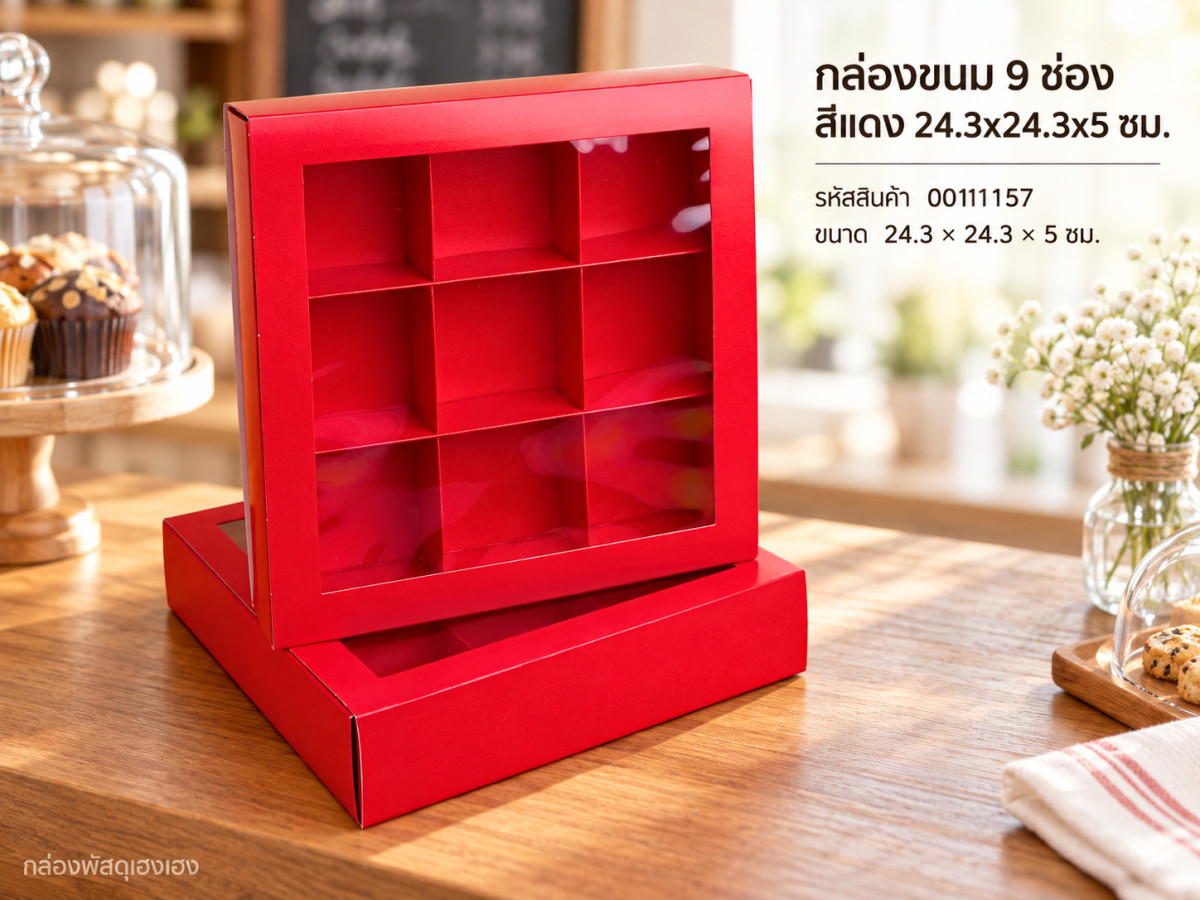 กล่องขนม 9 ช่อง สีแดง 24.3x24.3x5 ซม.