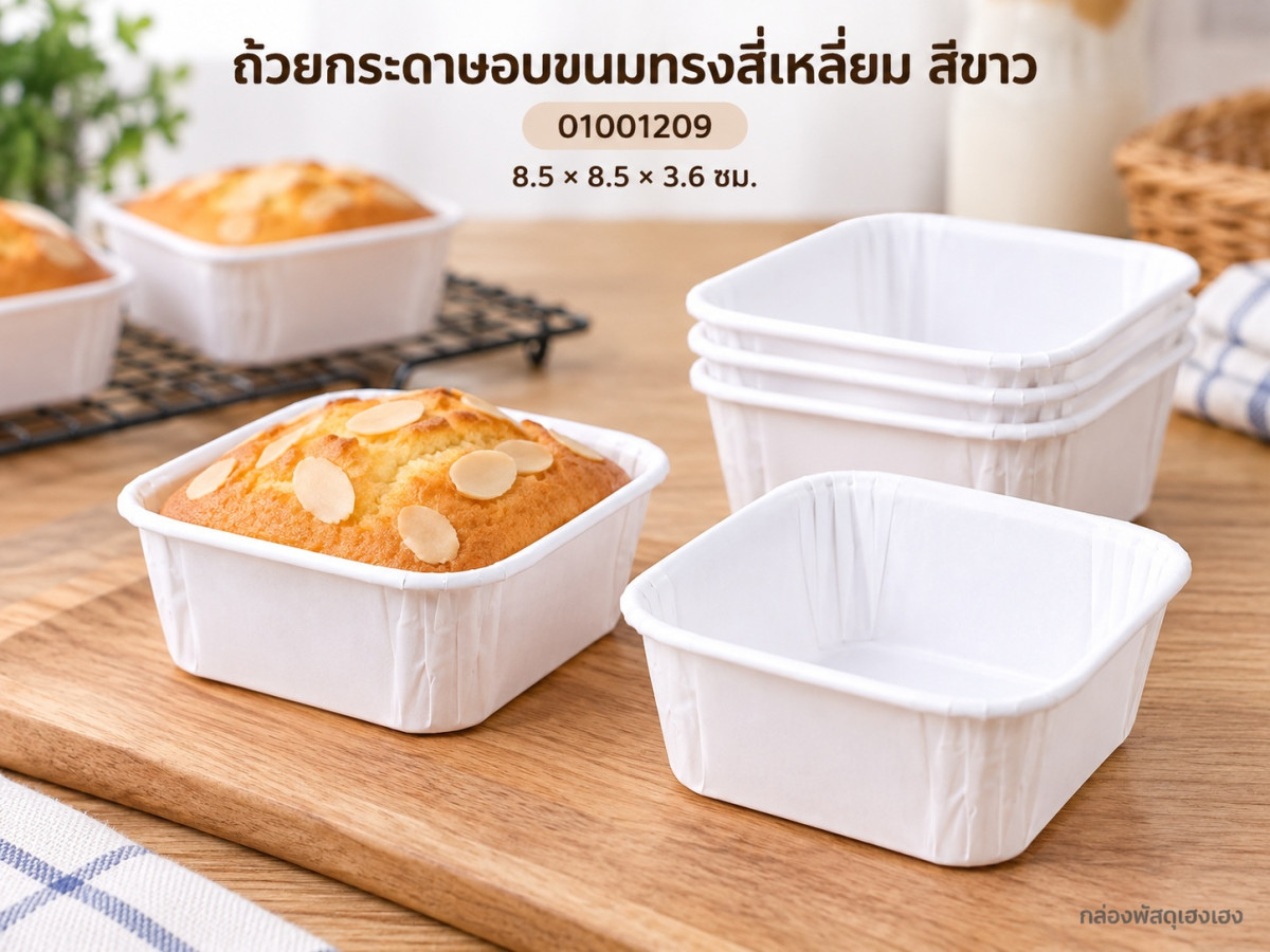 ถ้วยกระดาษอบขนมทรงสี่เหลี่ยม สีขาว 8.5x8.5x3.6 ซม.