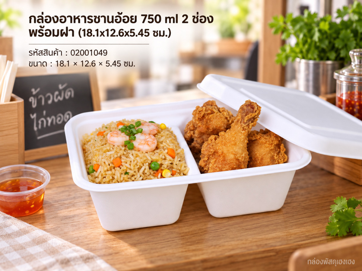 กล่องอาหารชานอ้อย 750 ml 2 ช่อง พร้อมฝา (18.1x12.6x5.45 ซม.)
