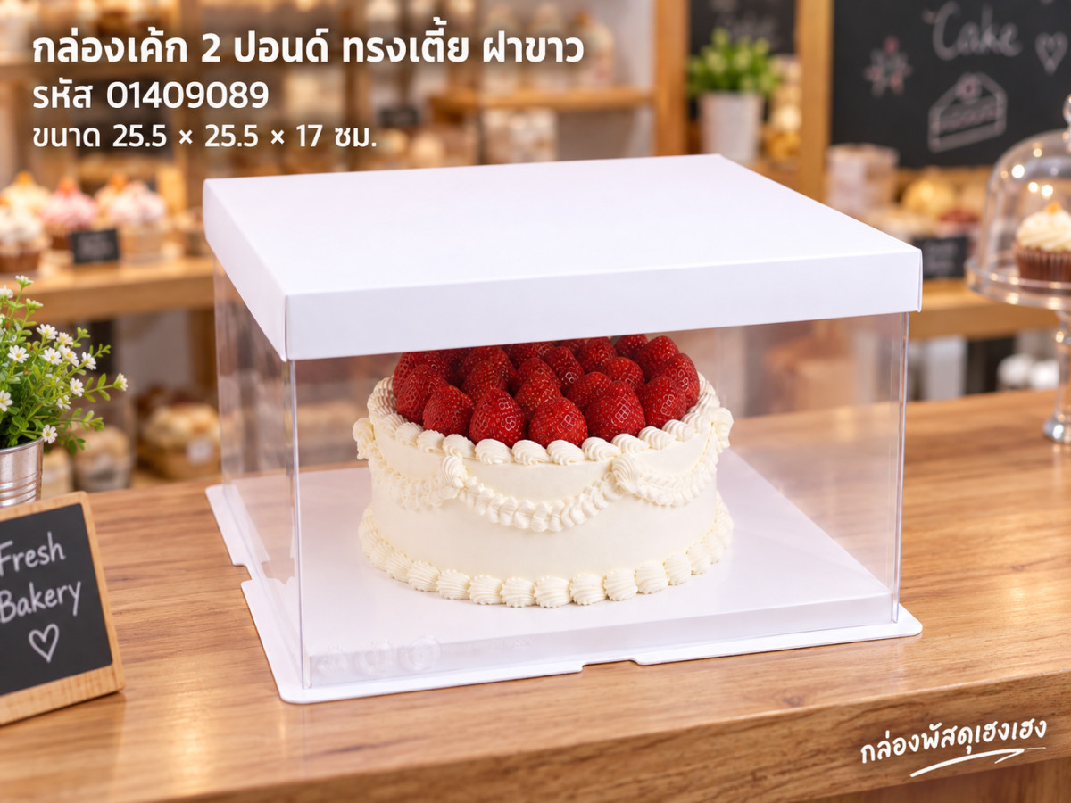 กล่องเค้กพลาสติก 2 ปอนด์ทรงเตี้ย ฝาขาว ขนาด 25.5x25.5x17 ซม.