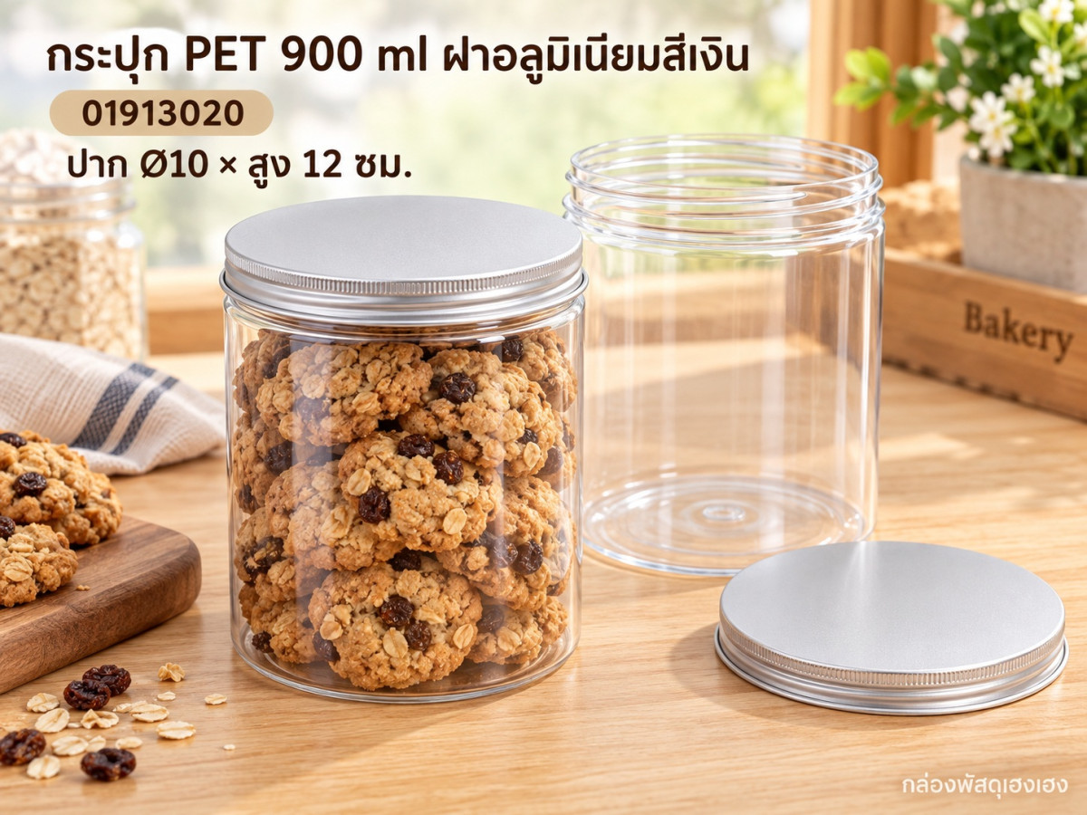 กระปุก PET 900 ml ฝาอลูมิเนียมสีเงิน 10x10x12 ซม.