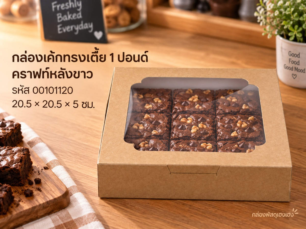 กล่องเค้ก 1 ปอนด์ ทรงเตี้ย คราฟท์หลังขาว 20.5x20.5x5 ซม.