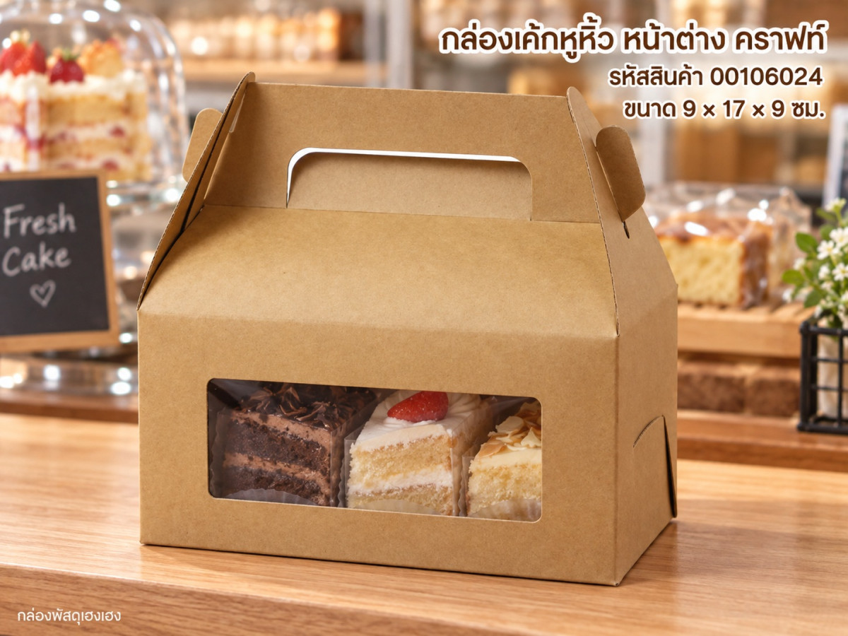 กล่องเค้กหูหิ้ว หน้าต่าง คราฟท์ 9x17x9 ซม.