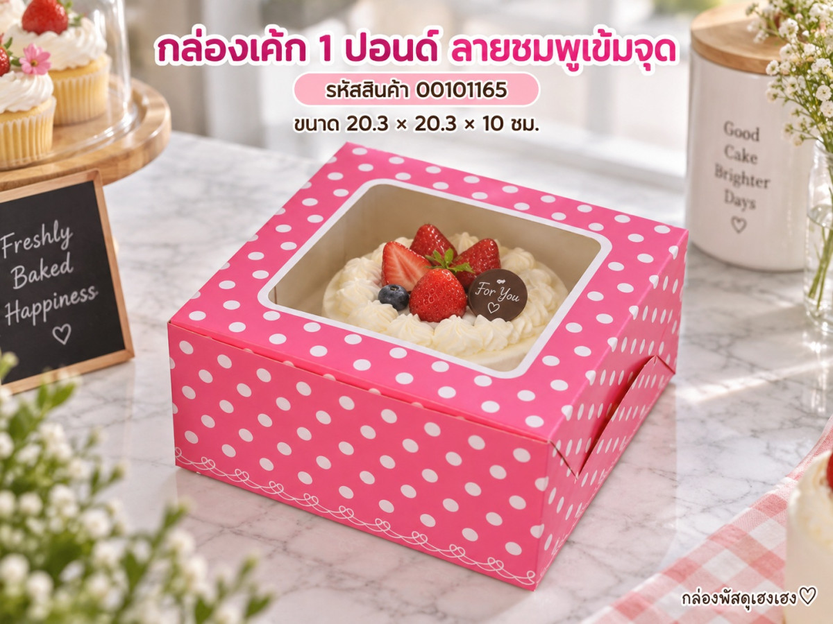 กล่องเค้ก 1 ปอนด์ ลายชมพูเข้มจุด 20.3x20.3x10 ซม.