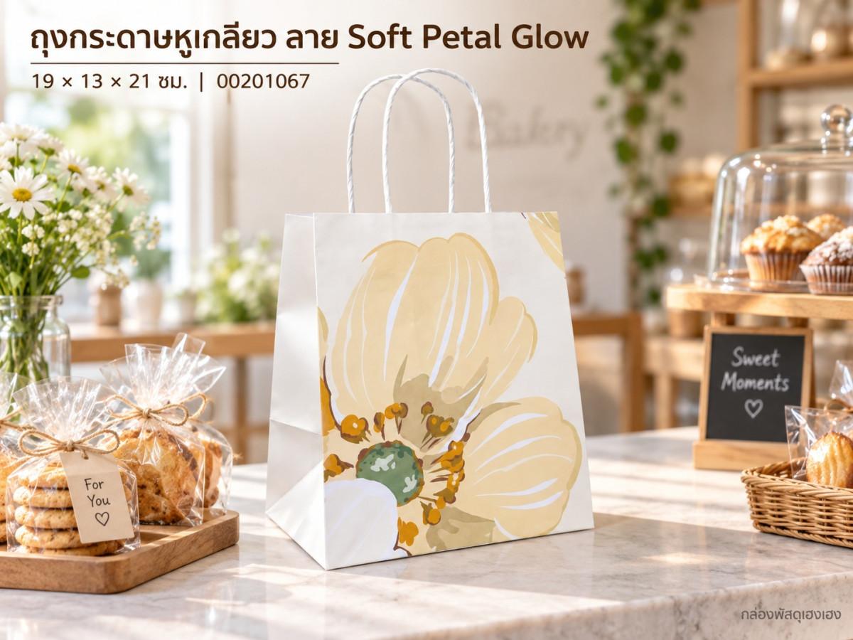 ถุงกระดาษหูเกลียว ลาย Soft Petal Glow 19x13x21 ซม.