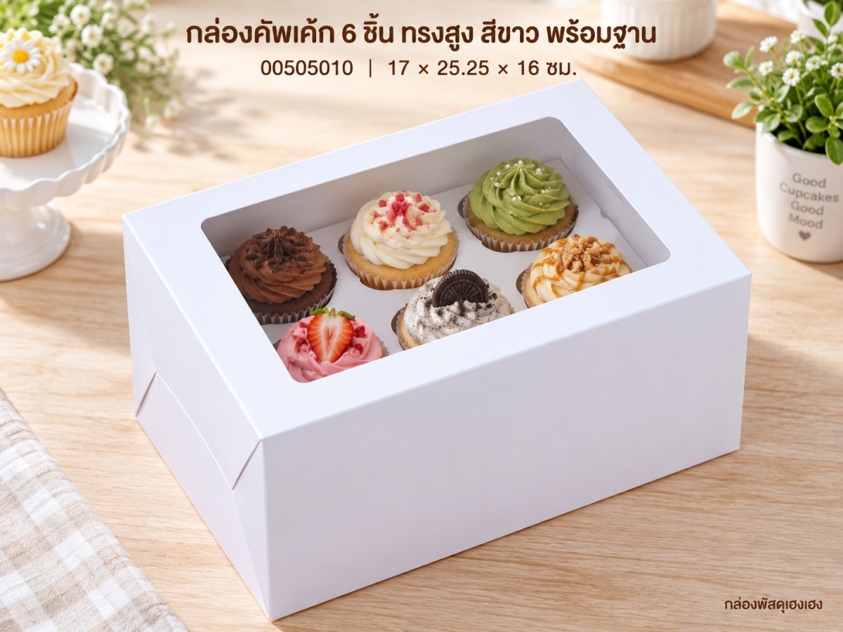 กล่องคัพเค้ก 6 ชิ้น ทรงสูง พร้อมฐาน สีขาว 17x25.25x16 ซม.