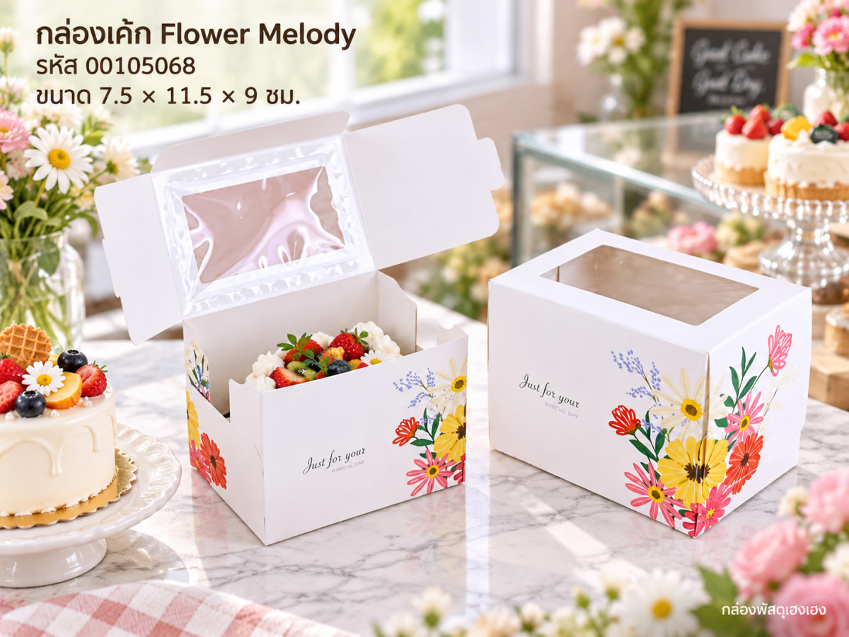 กล่องเค้ก 1 ชิ้น ลาย Flower Melody  กว้าง 7.5 x ยาว11.5 x สูง 9 ซม.