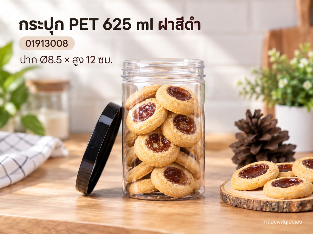 กระปุก PET 625 ml ฝาสีดำ 8.5x8.5x12 ซม.