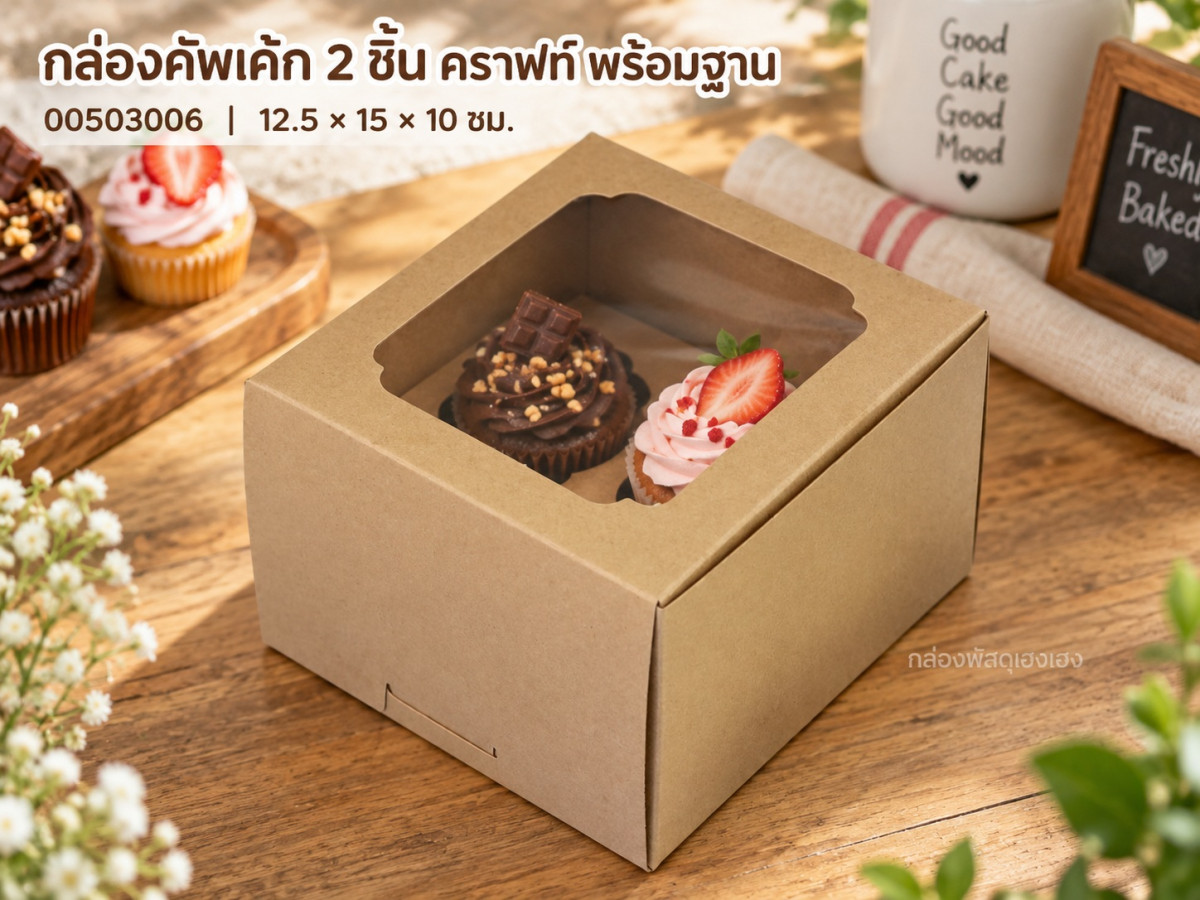 กล่องคัพเค้ก 2 ชิ้น พร้อมฐาน คราฟท์ 12.5x15x10 ซม.