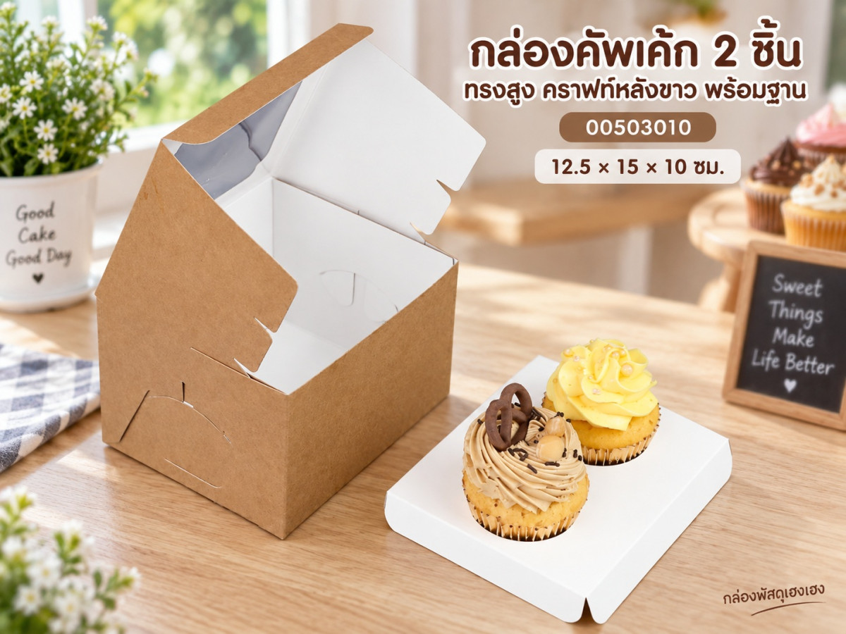 กล่องคัพเค้ก 2 ชิ้น ทรงสูง พร้อมฐาน คราฟท์หลังขาว 12.5x15x10 ซม.