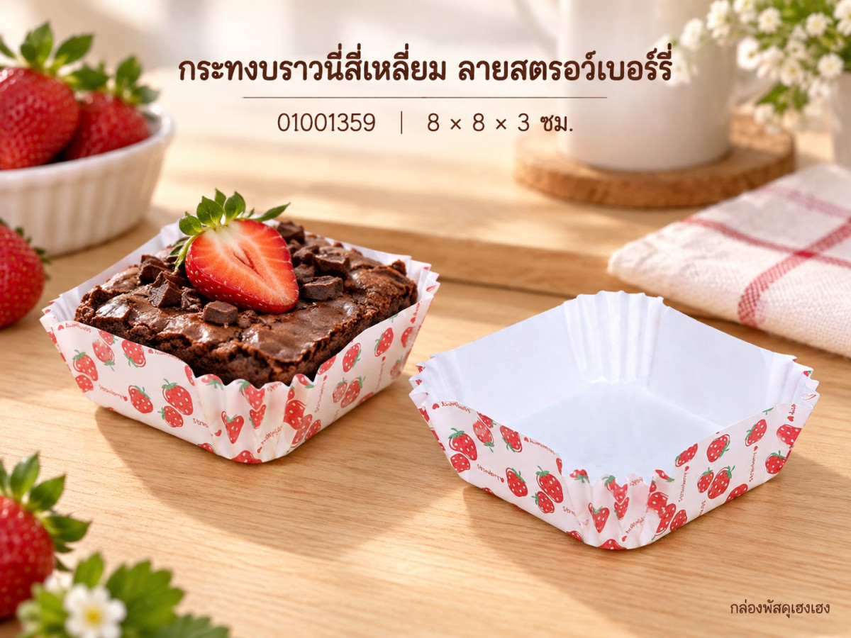 กระทงบราวนี่สี่เหลี่ยม ลายสตรอว์เบอร์รี่ 8x8x3 ซม.