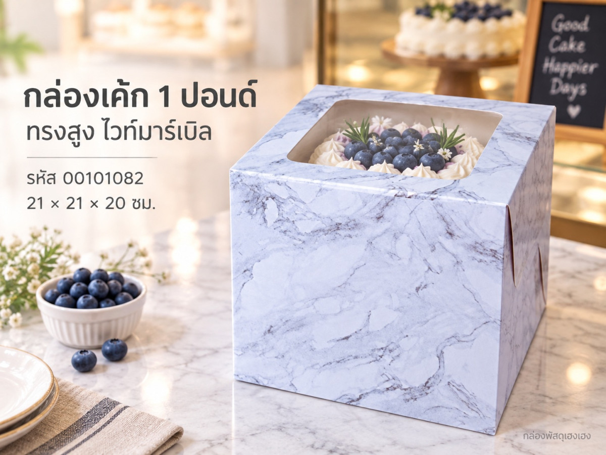กล่องเค้ก 1 ปอนด์ ทรงสูง ไวท์มาร์เบิล 21x21x20 ซม.