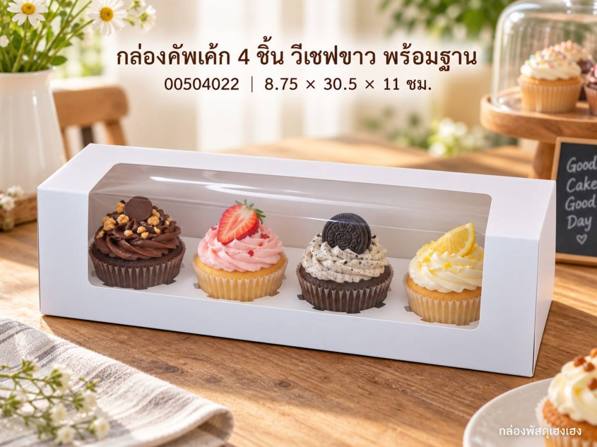 กล่องคัพเค้ก 4 ชิ้น วีเชฟขาว พร้อมฐาน 8.75x30.5x11 ซม.