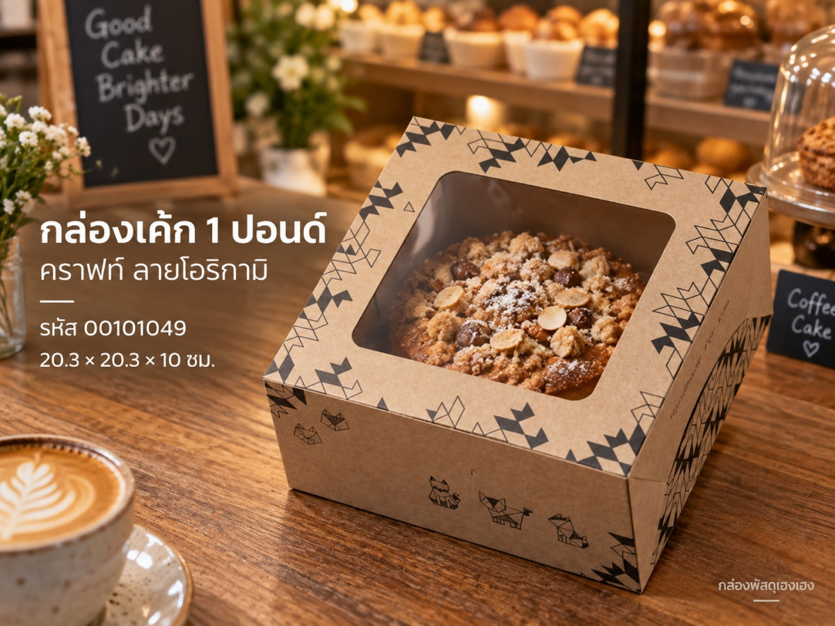 กล่องเค้ก 1 ปอนด์ คราฟท์ ลายโอริกามิ 20.3x20.3x10 ซม.