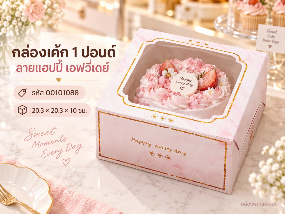 กล่องเค้ก 1 ปอนด์ ลายแฮปปี้ เอฟวี่เดย์ 20.3x20.3x10 ซม.