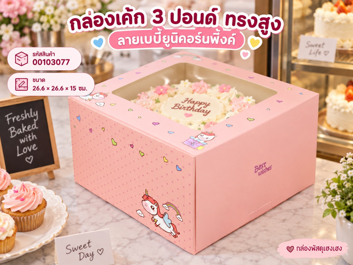 กล่องเค้ก 3 ปอนด์ ทรงสูง ลายเบบี้ยูนิคอร์นพิ้งค์ 26.6x26.6x15 ซม.