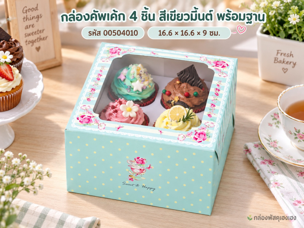 กล่องคัพเค้ก 4 ชิ้น สีเขียวมิ้นต์ พร้อมฐาน 16.6x16.6x9 ซม.