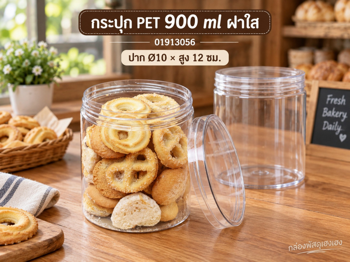 กระปุก PET 900 ml ฝาใส 10x10x12 ซม.