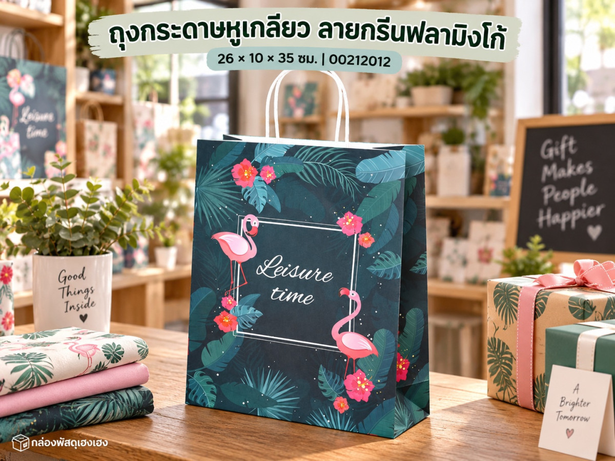 ถุงกระดาษหูเกลียว ลายกรีนฟลามิงโก้ 26x10x35 ซม.
