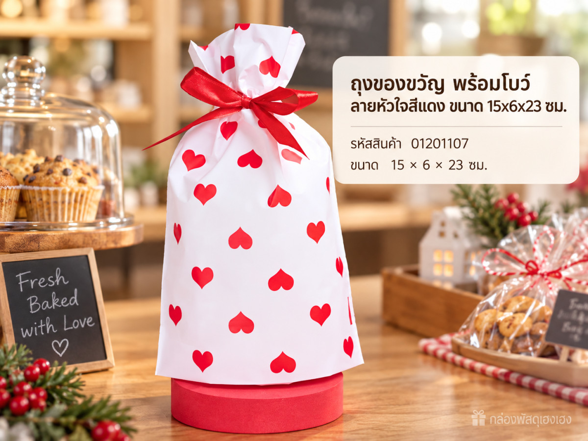 ถุงของขวัญ พร้อมโบว์ ลายหัวใจสีแดง ขนาด 15x6x23 ซม.
