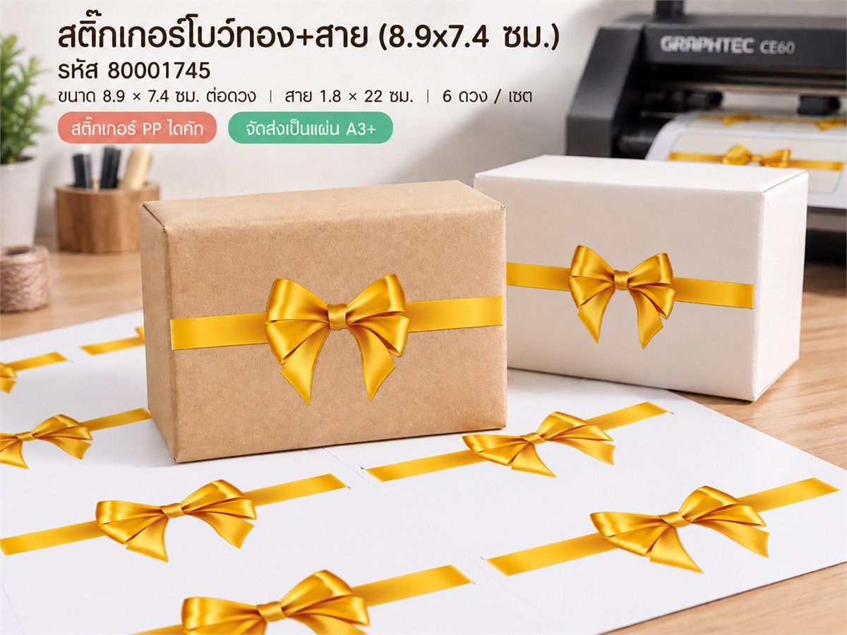 สติ๊กเกอร์โบว์ทอง+สาย (8.9x7.4 ซม.) - 6 ดวง