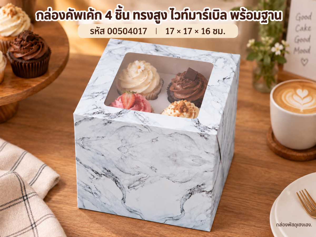 กล่องคัพเค้ก 4 ชิ้น ทรงสูง พร้อมฐาน ลายไวท์มาร์เบิล 17x17x16 ซม.