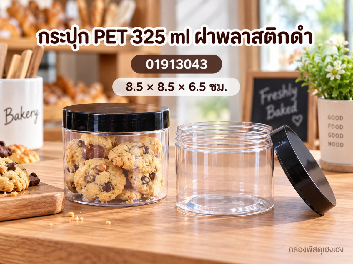 กระปุก PET 325 ml ฝาพลาสติกดำ 8.5x8.5x6.5 ซม.
