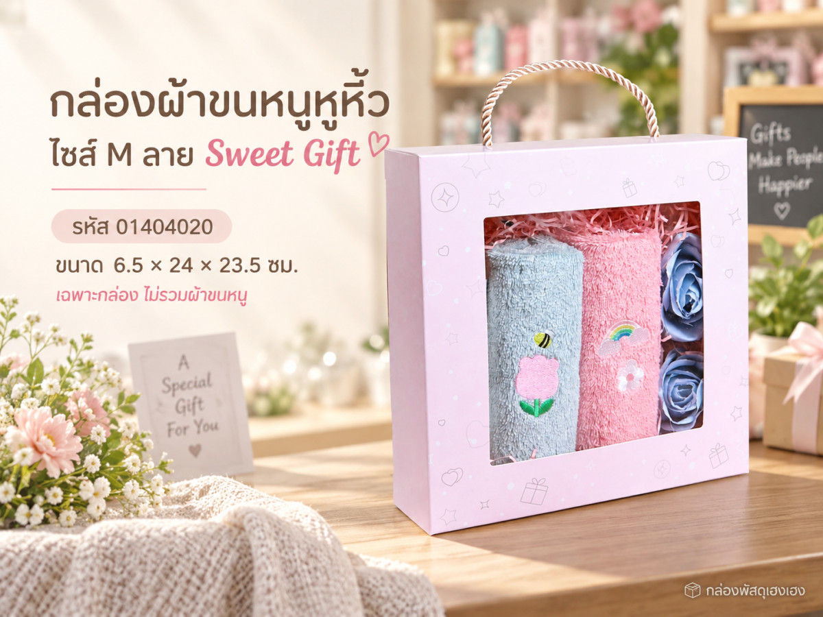 กล่องผ้าขนหนูหูหิ้ว ไซส์ M ลาย Sweet Gift 6.5x24x23.5 ซม.