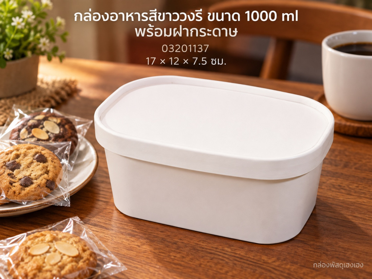 กล่องอาหารสีขาววงรี ขนาด 1000 ml พร้อมฝากระดาษ 17x12x7.5 ซม.