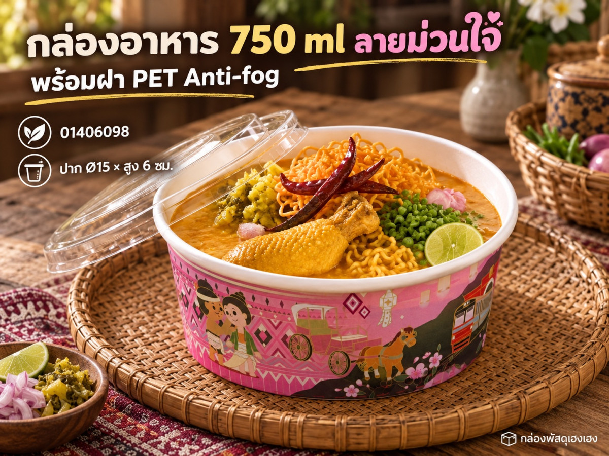 กล่องอาหารวงกลมสีขาว 750 ml พร้อมฝา PET Anti-fog ลายม่วนใจ๋ 15x15x6 ซม.