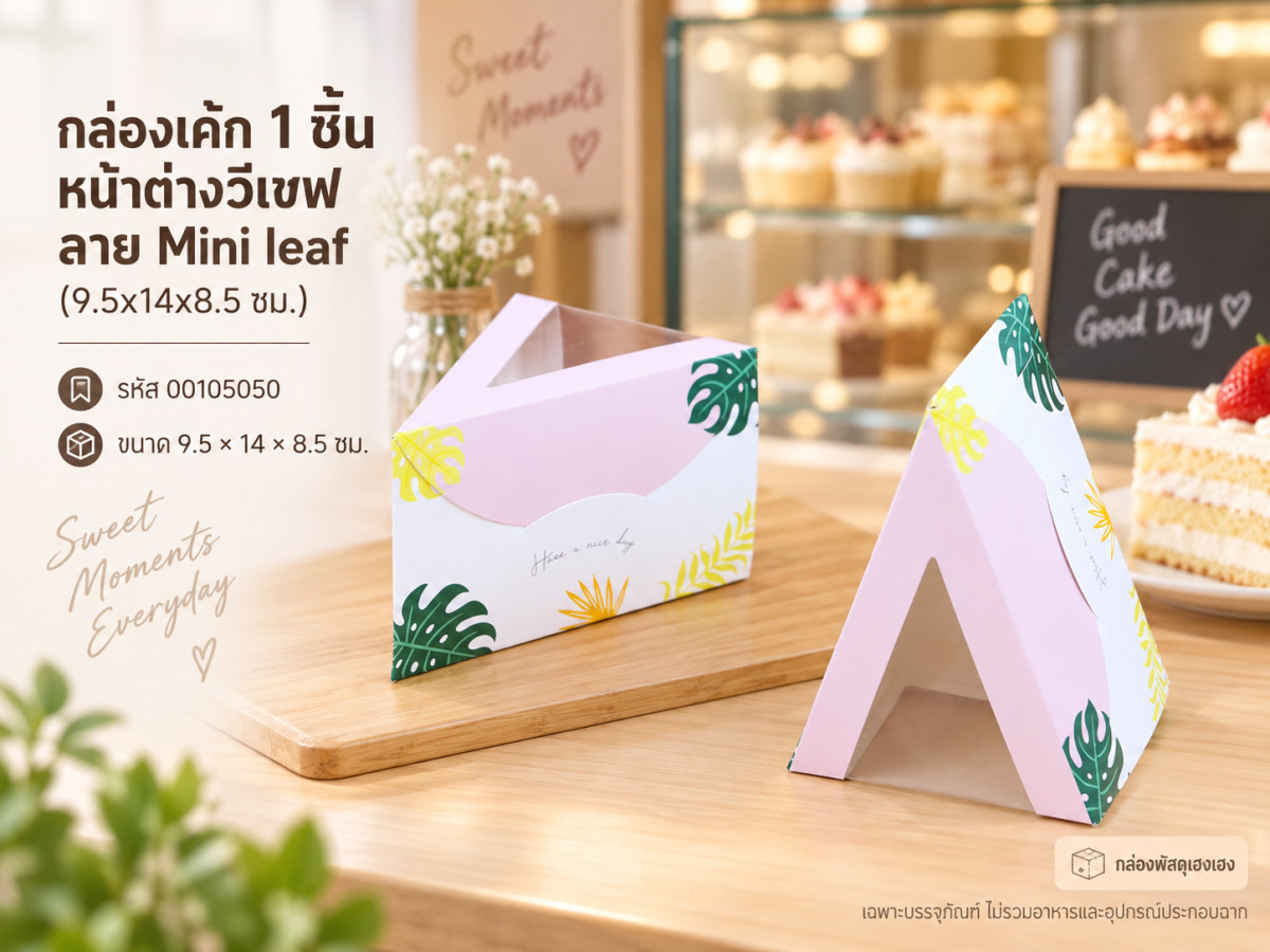 กล่องเค้ก 1 ชิ้น หน้าต่างวีเชฟ ลาย Mini leaf (9.5x14x8.5 ซม.)