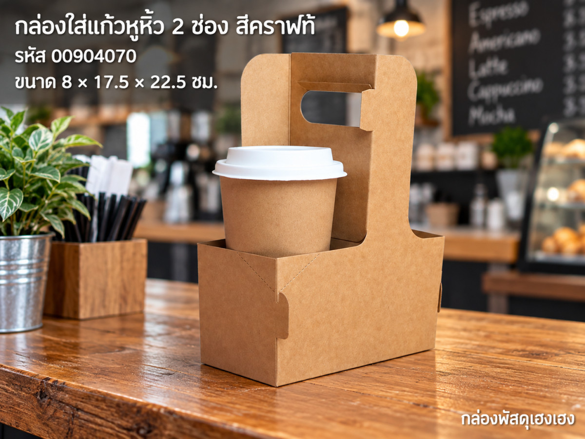 กล่องใส่แก้วหูหิ้ว 2 ช่อง สีคราฟท์ (8x17.5x22.5 ซม.)
