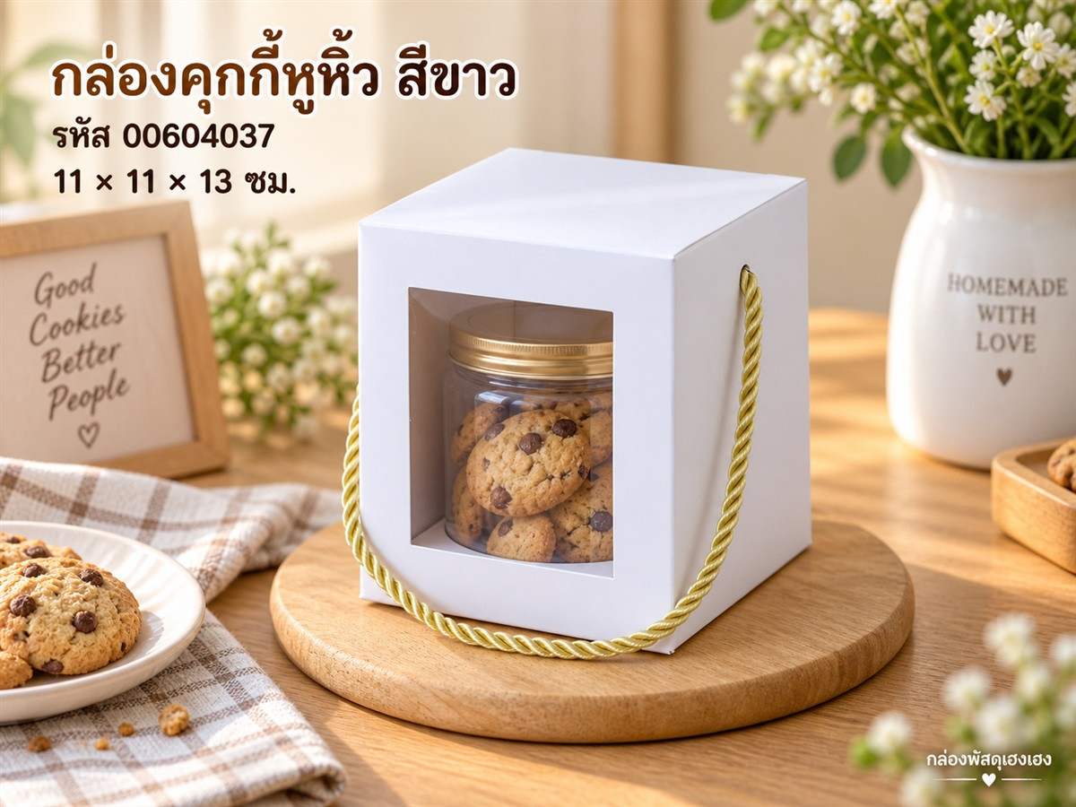 กล่องคุกกี้หูหิ้ว สีขาว 11x11x13 ซม.
