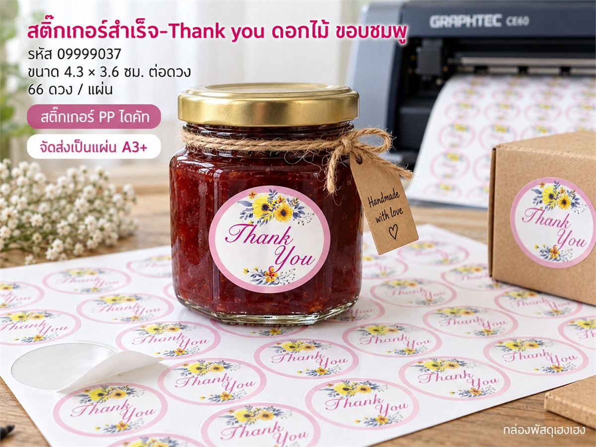 สติ๊กเกอร์สำเร็จ-Thank you ดอกไม้ ขอบชมพู