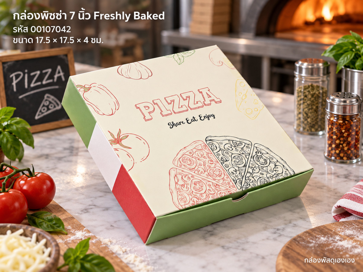 กล่องพิซซ่า 7 นิ้ว ลาย Freshly Baked 17.5x17.5x4 ซม.